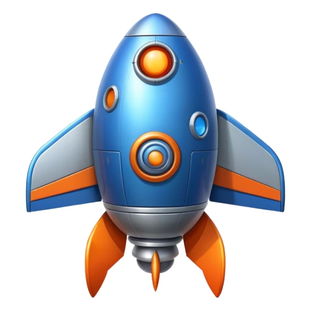 Spaceship with a large rounded belly in the middle, rocket boosters, personified with a happy face sticker
