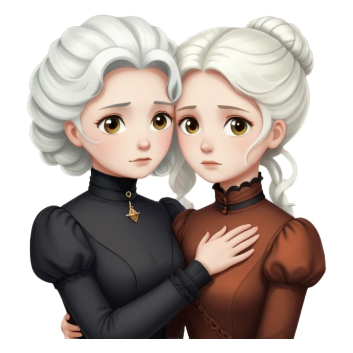 Two Victorian women with light eyes, one with bright white coiffed hair and one with dark copper coiffed hair, wearing Victorian turtleneck dresses, embracing each other in a sad, intimate hug sticker
