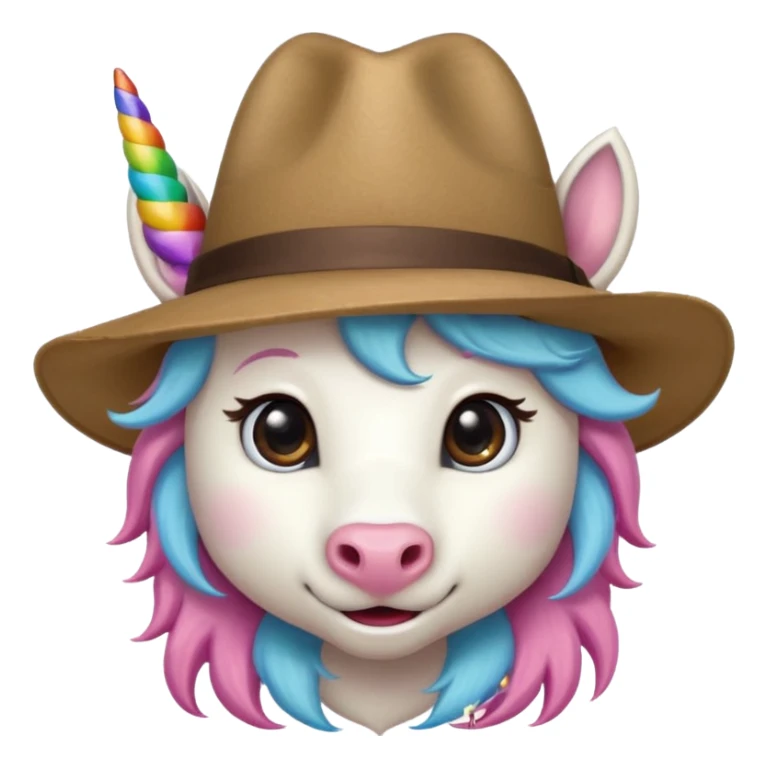 unicorn face cute wearing fedora, horn piercing through the hat looking in the camera sticker
