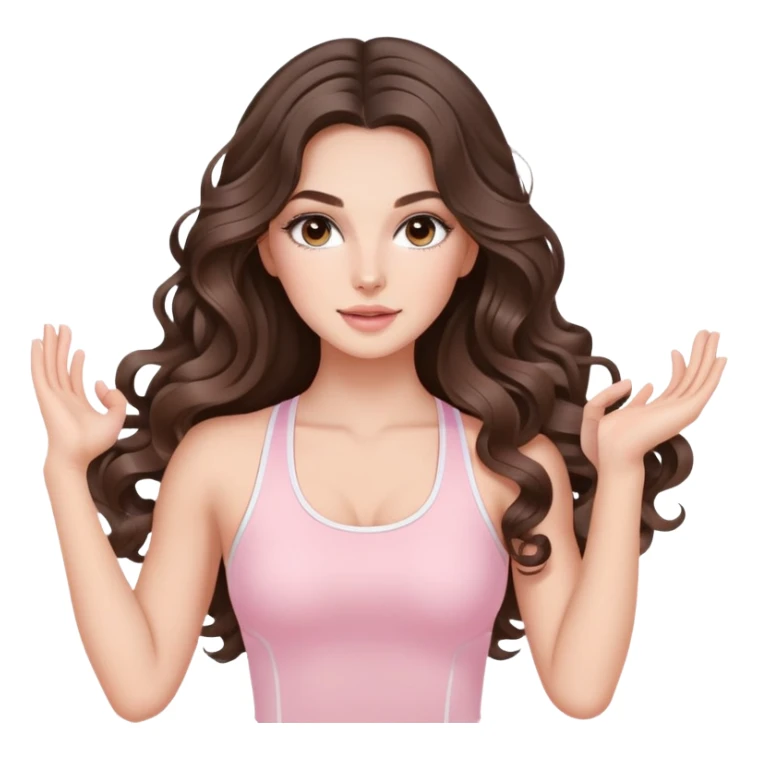 beautiful brunette with a light balayage white girl with nice defined and long curls , very long hair, clean girl makeup STRETCHING IN LIGHT PINK GYM sticker