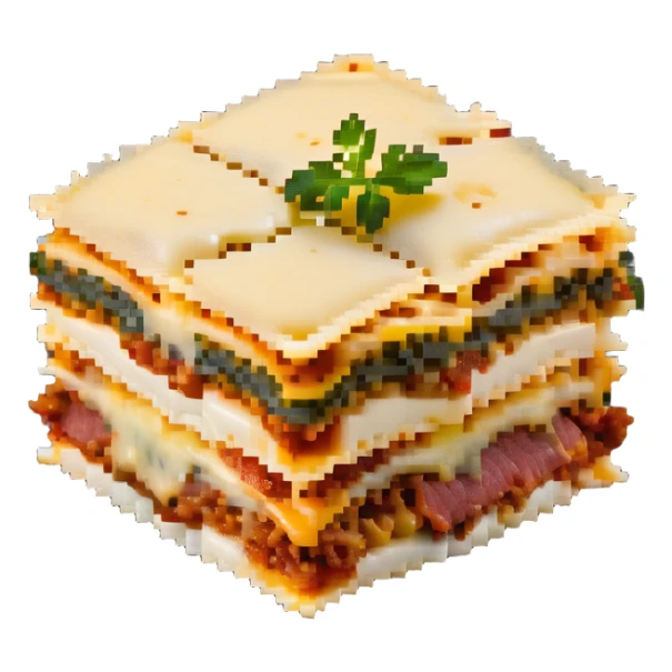 Square piece of lasagna with distinct layers of pasta, meat, and cheese sticker