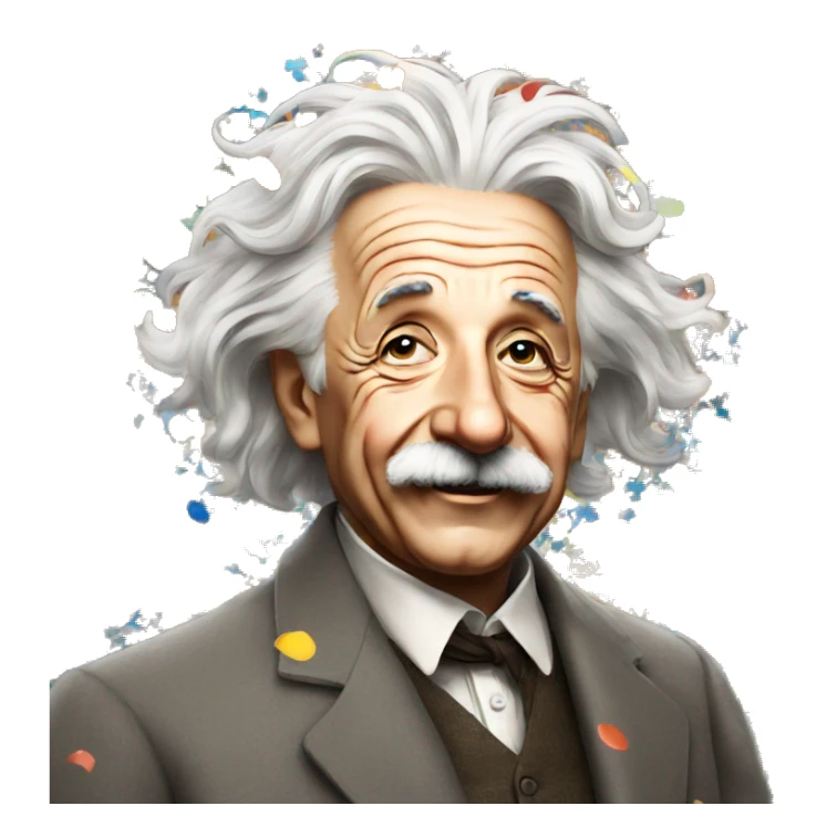 happy albert einstein standing and everywhere colorful confetti sticker