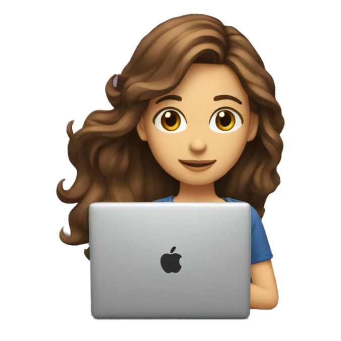 female coder with apple laptop in front of her, long wavy brown hair, brown eyes sticker