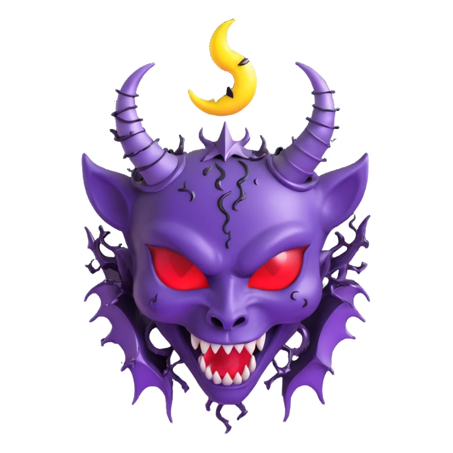 devil heart made of deep purple glass with large devil horns, curled tail, black rose crown, silver crescent moon, electric lightning, glossy rain, shattered glass sticker