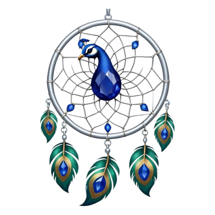 a Silver Dreamcatcher with sapphire-stones and emerald-stones, and with peacock-feathers. Big sapphire gem in the middle. Many tiny emerald gems around it.   sticker