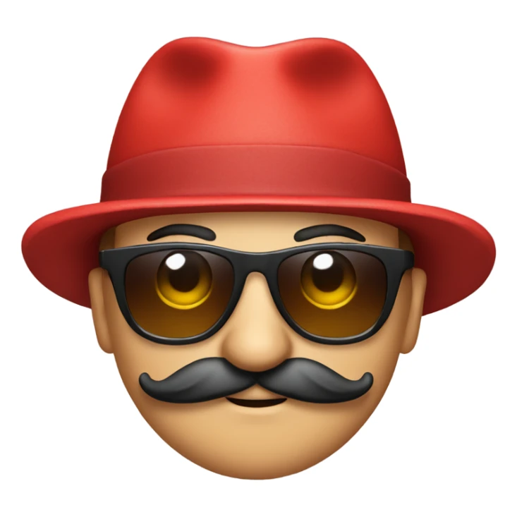 red a man in red clothes wearing a red hat, sunglasses and a moustache sticker