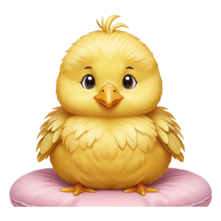 Cinematic round fluffy chick, golden yellow, tiny beak and feet, soft downy feathers, sparkling gentle eyes, sitting on a pastel-colored cushion, radiating warmth and sweetness. sticker