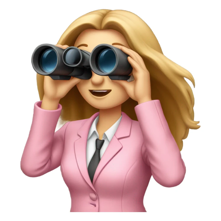 white female employee in pink suit using binoculars with long loose hair looking like secretary. must be like a portrait sticker