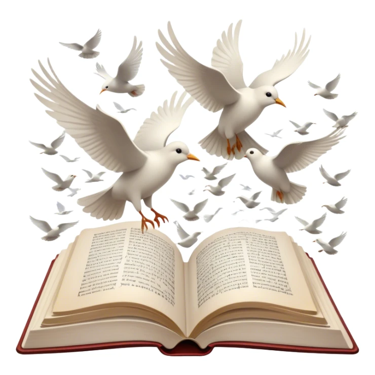 Icon for Poetry Reading: an open book with flowing verses, with pages transforming into a flock of white birds flying away. The icon should evoke the beauty, freedom, and emotional depth of poetry. Transparent background. sticker