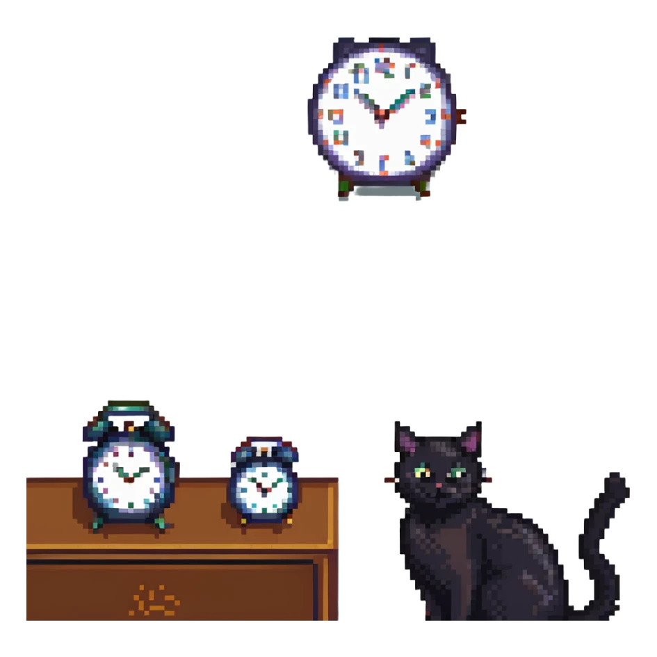 black cat waiting for salary looks at clocks sticker