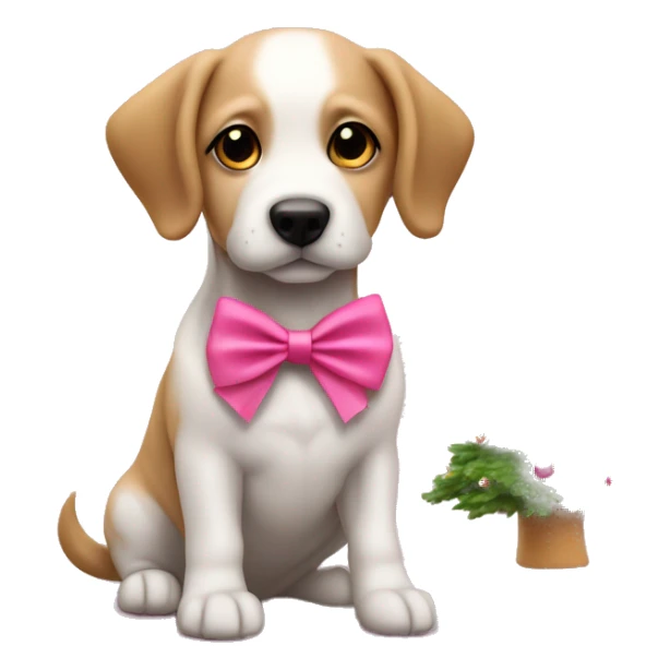 Dog with a pink bow on its head sitting by a Christmas tree ￼ sticker
