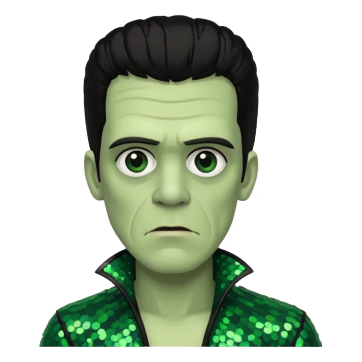 Frankenstein with black hair, dark green sequin outfit sticker