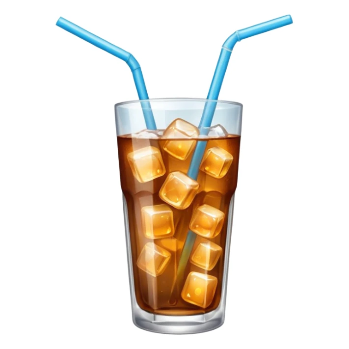 a glass of soda with ice and a straw sticker
