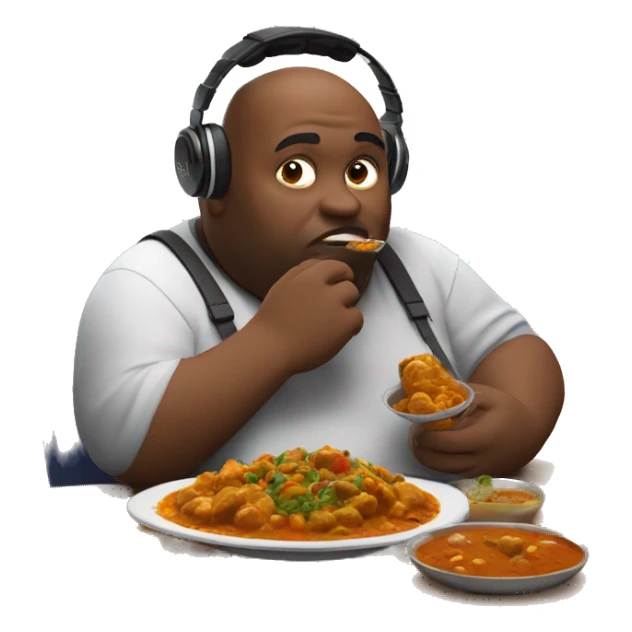Fat man eating curry in front of a screen wearing a gaming headset sticker