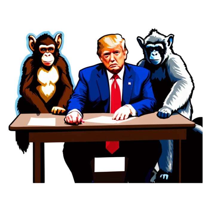 Stormy Daniels, a Monkey, a donkey, and Trump sit around a table sticker