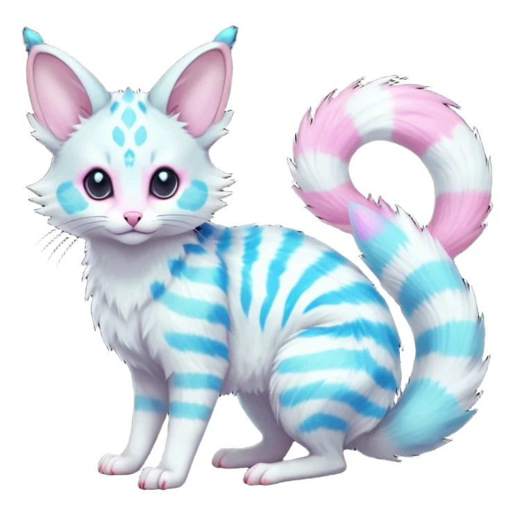 cute adorable whitish pastel fur with glowing random colorful neon-markings iridescent beautiful elegant pretty precious cute young youthful  Fakémon-Pokémon-alien-opossum-feline-serval-caracal-chinchilla-Minccino-hybrid-creature with a big fluffy bushy striped tail (full body) sticker
