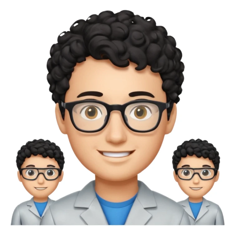a boy robotics teacher, with black curly short hair, wearing glasses sticker