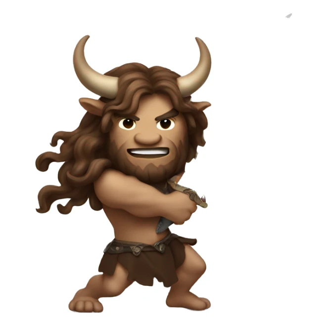 Minotaur with luxurious long brown hair swinging a large sword sticker
