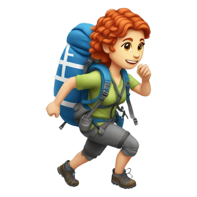 Female mountain climber red hair climbing with Greek flag on backpack and holding Easter eggs basket sticker
