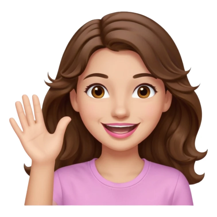 girl with wavy long brown hair, brown eyes, light to medium complexion, long lashes, light pink lipstick, smiling, wearing light pink shirt, slapping sticker