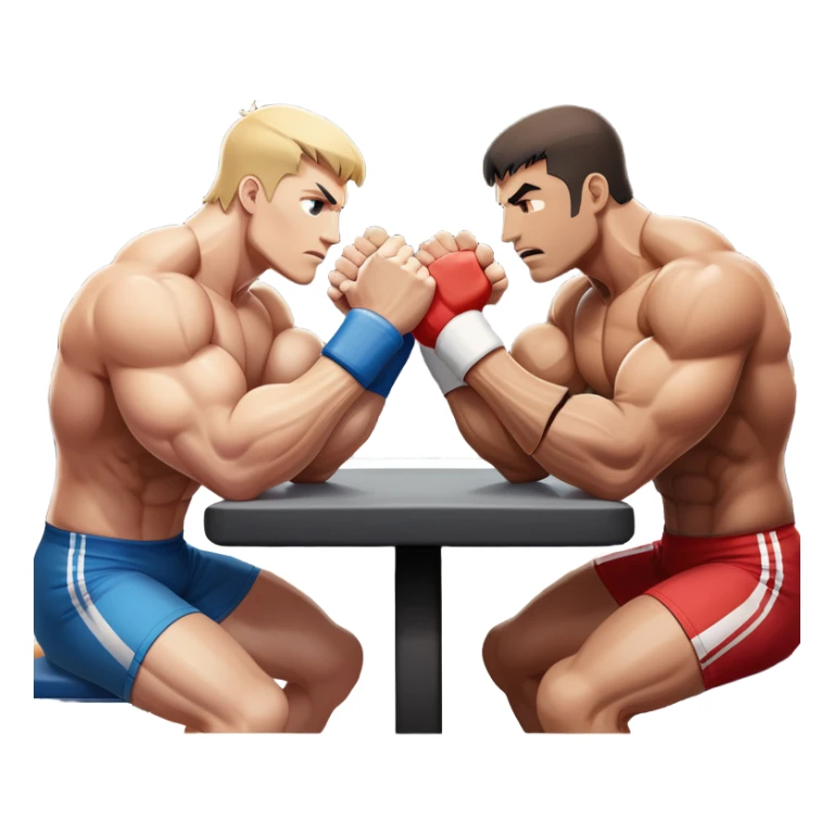 Two strong competitors locked in an intense arm wrestling match, muscles tensed as they battle for victory. The table is well-lit, showcasing their focused expressions and powerful arm grips. The background features a competitive arena with a cheering crowd. Transparent background. sticker