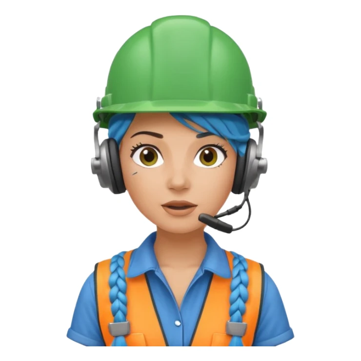 surprised construction worker blue braided haired woman wearing green helmet and headphones sticker