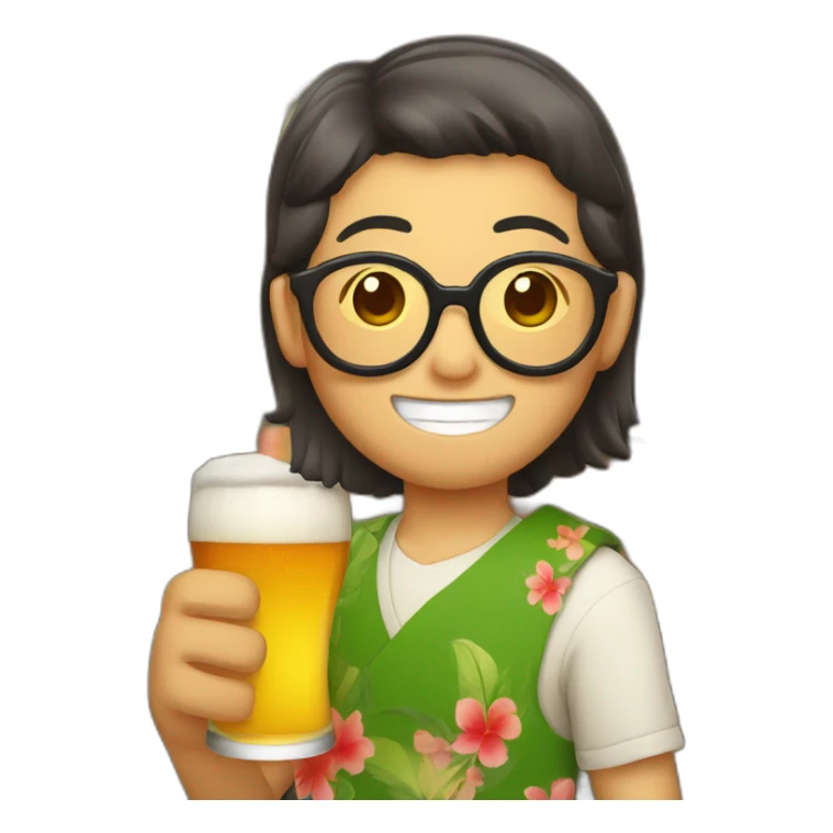 Japanese wearing roundglasses alohashirt is holding beer sticker