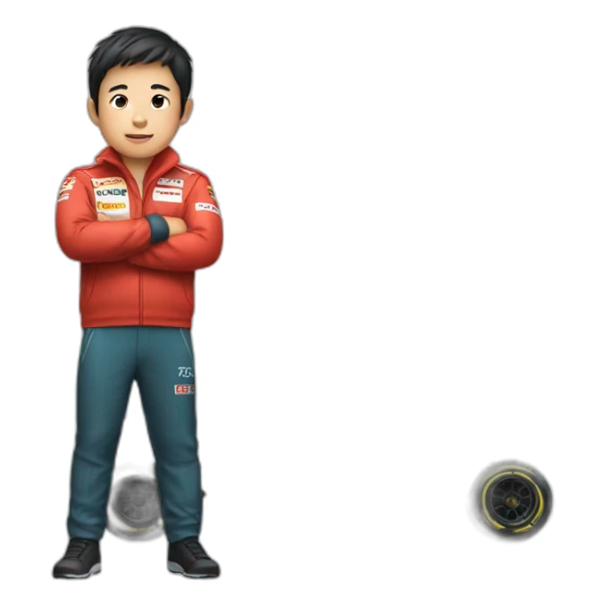 Asian boy in a F1 car sticker