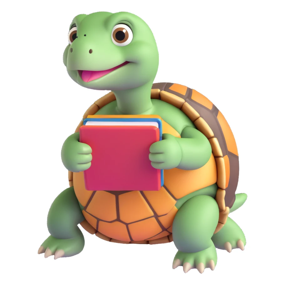 a tortoise holding a small book, looking curious and engaged, in a playful pose sticker