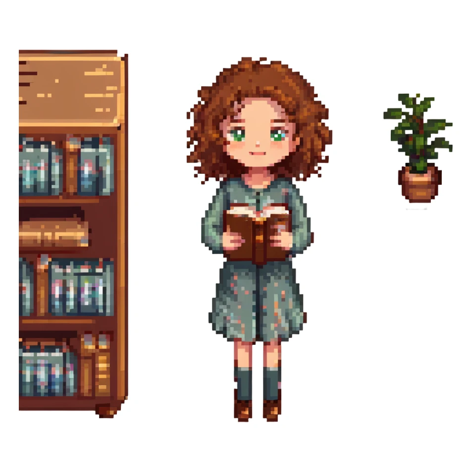 girl with brown curly hair and a book, pixel art style sticker
