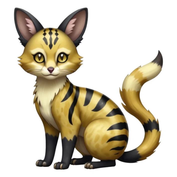 Hyper realistic  obsidian fur etched with molten gold fault-lines and dark mirror shine beautiful elegant pretty precious cute  Fakémon-Pokémon-opossum-feline-serval-caracal-chinchilla-Furret-Minccino-hybrid-creature with a big fluffy bushy tail (full body) sticker