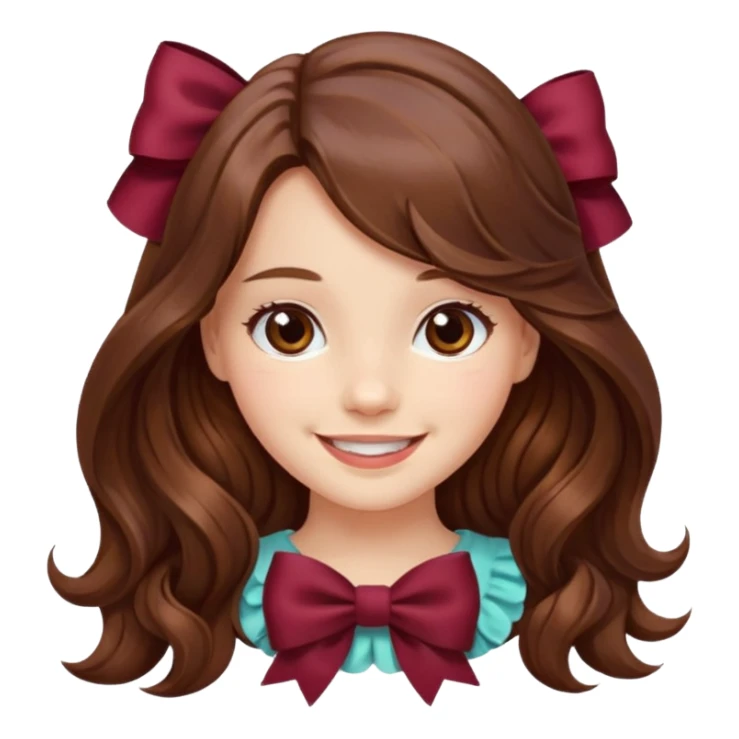 girl wavy long brown hair with a burgundy bow sticker