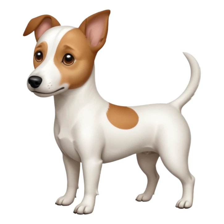 a full body white jack russel looking dog the size of a kelpie with light brown ears and a light brown patch on one eye, flopped down ears and a large snout sticker