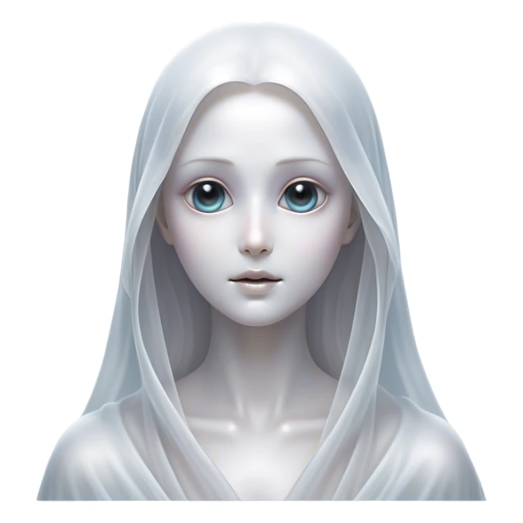 Cinematic Noble Ghost Portrait Emoji, Ethereal and dignified, with a flowing, translucent form in silvery-white hues, wispy and majestic, and a calm, otherworldly expression with deep, thoughtful eyes, simplified yet sophisticated features, highly detailed, glowing with a soft, spectral radiance, high shine, exuding regal mystery and quiet authority, with a soft glowing outline that captures the essence of a ghostly guardian drifting from another realm! sticker