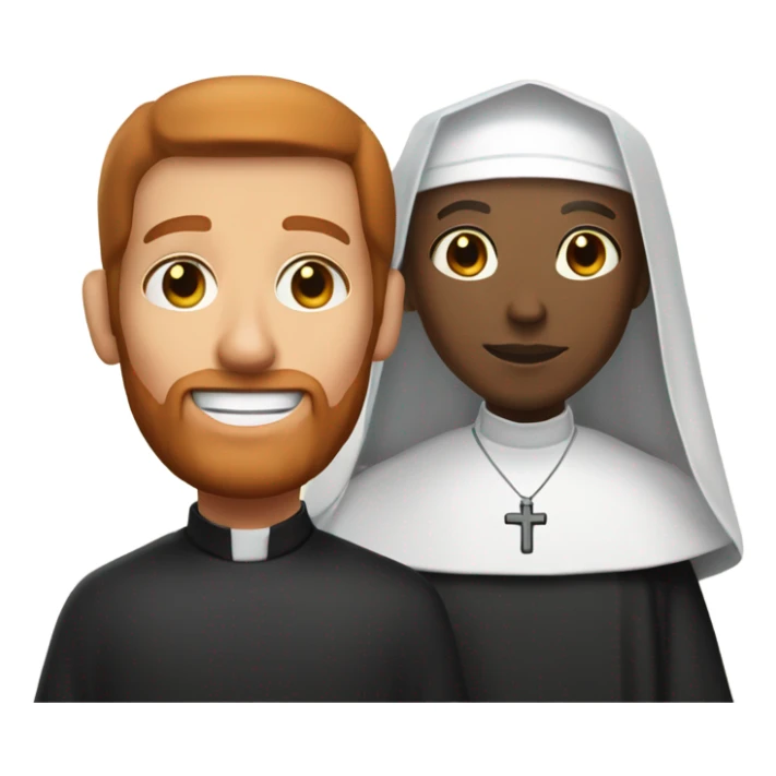 a caucasian priest with a red beard, an african american nun side by side sticker