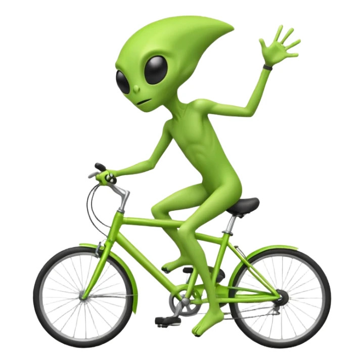 green alien riding a bicycle, big black eyes, thin body, casual cycling pose, playful sci-fi vibe, 3D cartoon, mobile game icon style, clean background, no text, no watermark
 sticker