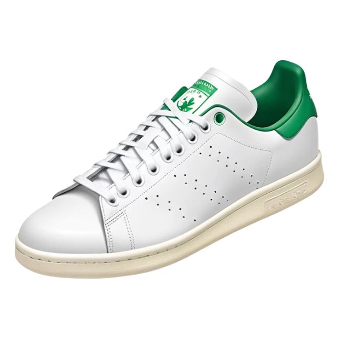 Classic white Adidas Stan Smith sneaker with green heel tab, white leather body, side view, perforated three stripes, iOS emoji style sticker