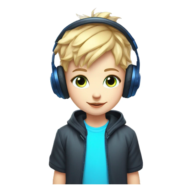 Blonde Short hair Gamer kid big nose thin eyebrows with blue eyes with headset and gamepad with neon Lighting sticker
