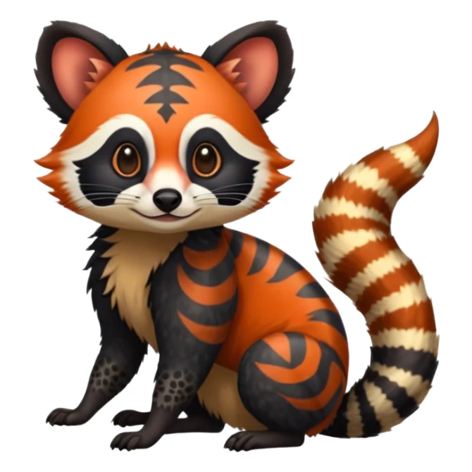 A beaked Colorful exotic tropical tribal cute happy realistic esoteric patterned fluffy furry dark civet-cacomistle-genet-red-panda-oncilla-Fakémon-fursona-hybrid-fusion-animal-creature, full body, 4-legged sticker