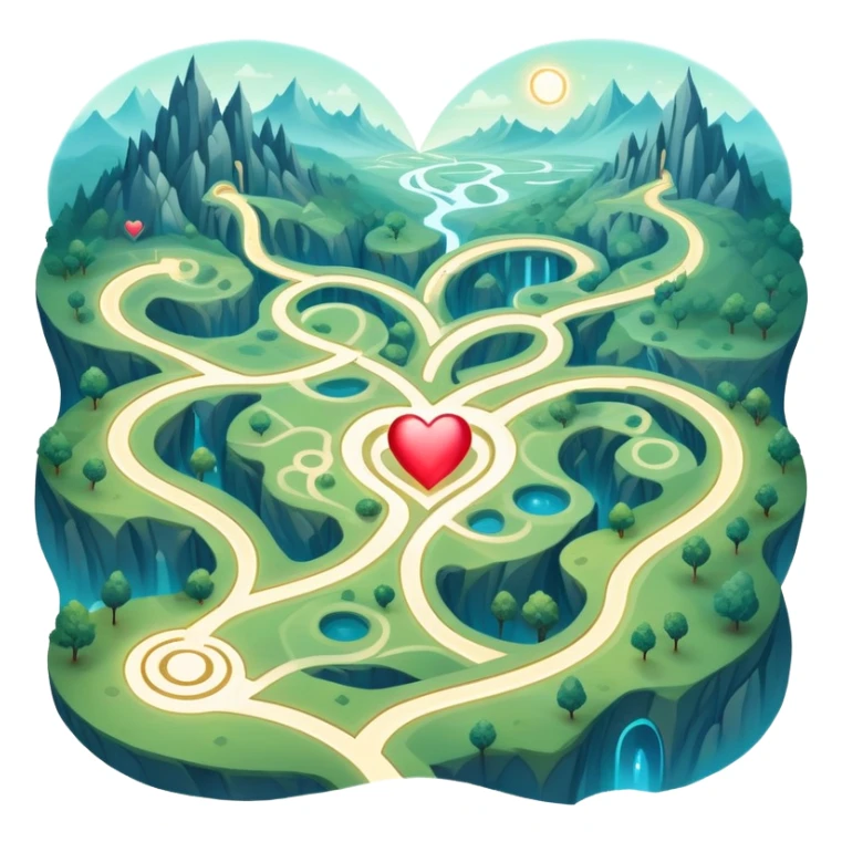 Magical cartography map with abstract heart-shaped pathways blending into the terrain lines, glowing ethereal map symbols sticker