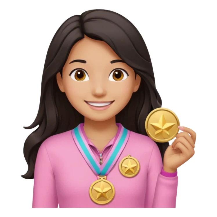 black haired girl wearing pastel pink with one medal, remove any hats, make her smile, make her hair longer, make her tan sticker