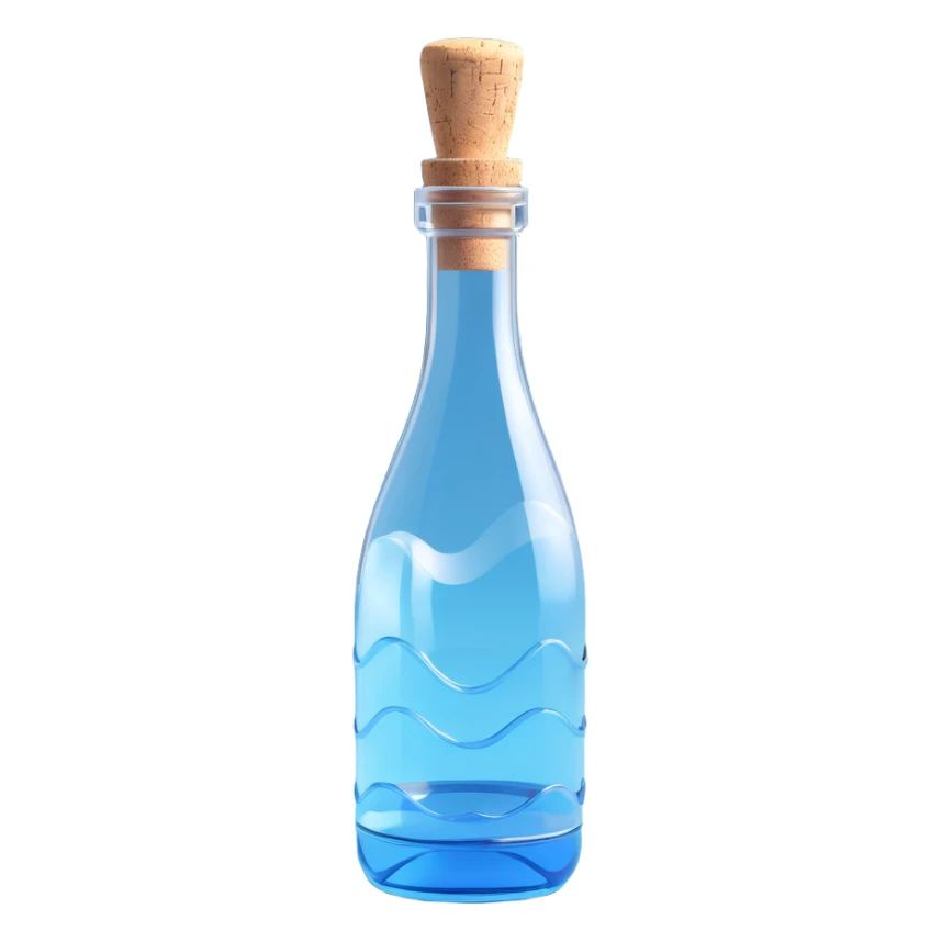 very realistic 3D transparent glass bottle with a cork, bottle shape resembling a sound wave or microphone, inside light blue elixir, no text sticker