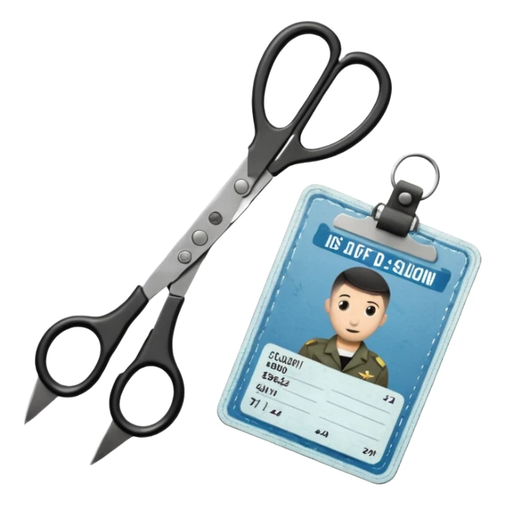 Floating black Scissors cutting in half an idf soldier ID card in 2 parts .hyper realistic sticker