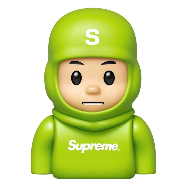 bearbrick toy wearing a lime green balaclava with Supreme logo and thick aggressive eyebrows showing above sticker