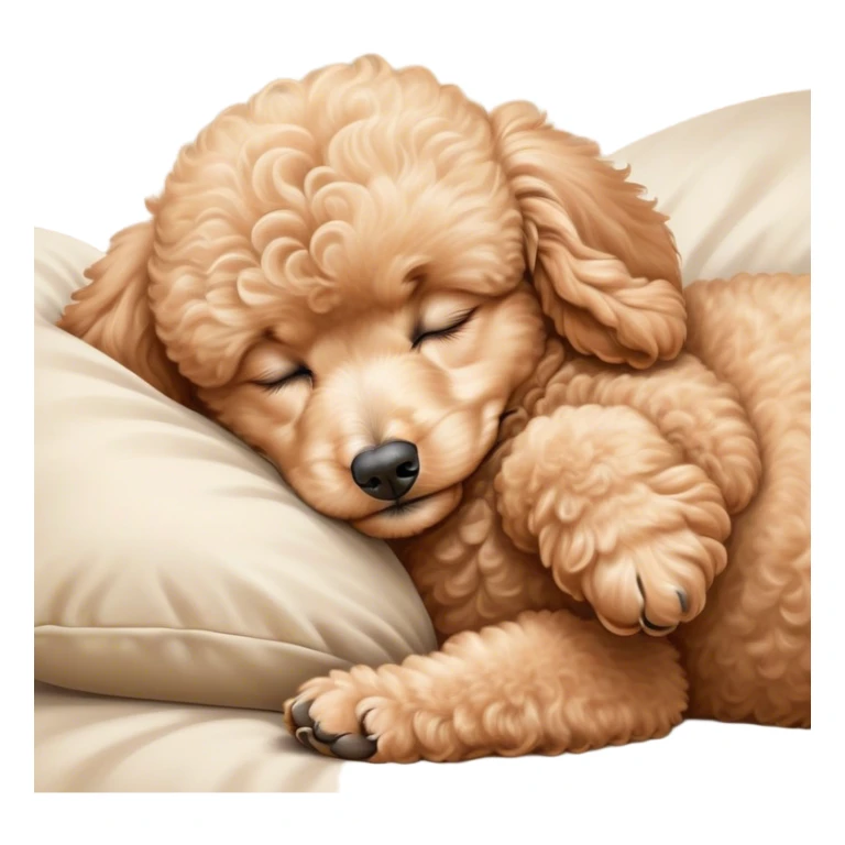 Meme-Worthy Cute Sleeping Apricot Poodle Portrait Emoji, Head resting peacefully with a contented smile, showcasing a delightfully elegant build and a luxuriously soft, curly apricot Fur, eyes shut in a serene nap, Simplified yet hilariously adorable features, highly detailed, glowing with a soft, drowsy light, high shine, relaxed and utterly lovable, stylized with an air of playful laziness, bright and heartwarming, soft glowing outline, capturing the essence of a comically sleepy companion, so meme-worthy it feels like it could instantly become the next viral sensation of adorable slumber! sticker