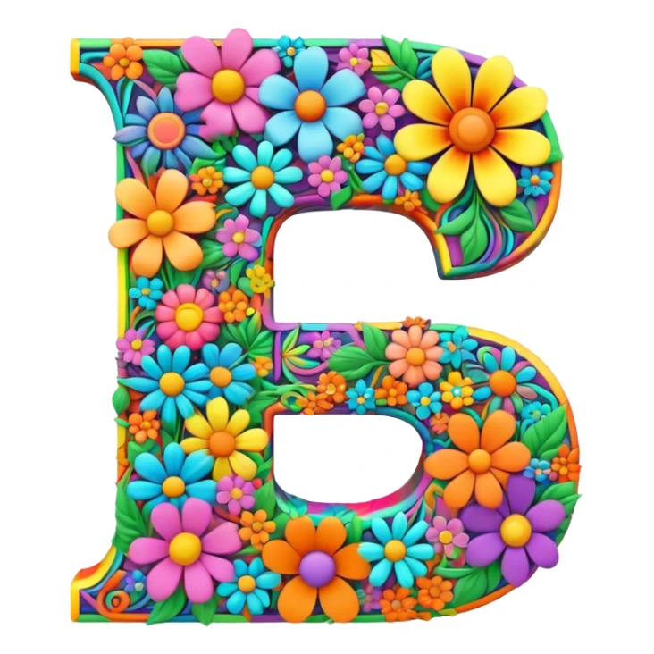 3D, gothic style psychedelic colored Letter “D” with hippie style flower border sticker