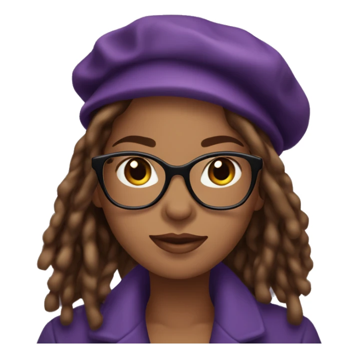 Beautiful brown skin woman with brown eyes, long locs, wearing cat eye glasses and a purple beret and coat sticker