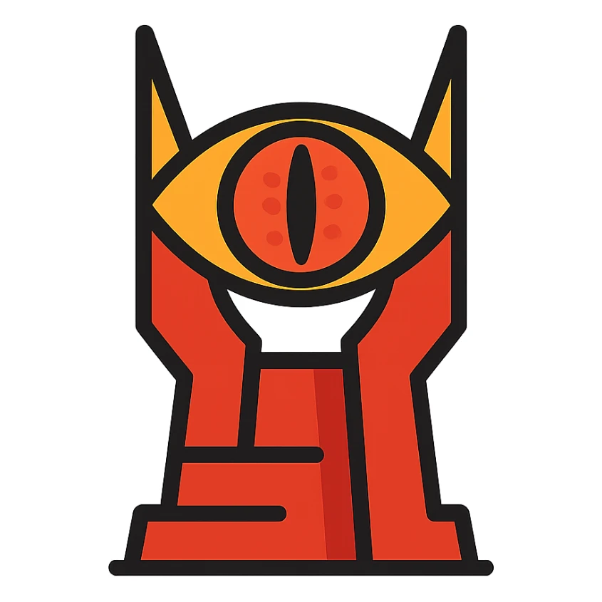 the Eye of Sauron, simplified as a bold, graphic icon with sharp lines and intense colors sticker