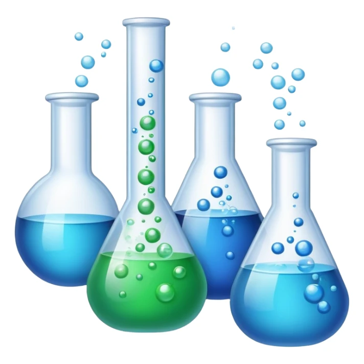 An icon featuring laboratory flasks with tubes, symbolizing chemistry. The design includes liquid and powder substances, a chemical reaction with bubbles, and molecular formulas, representing chemical processes like hydrolysis. Transparent background sticker