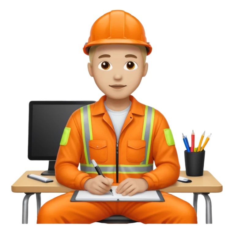 man sitting at a desk wearing orange hi visibility overalls sticker
